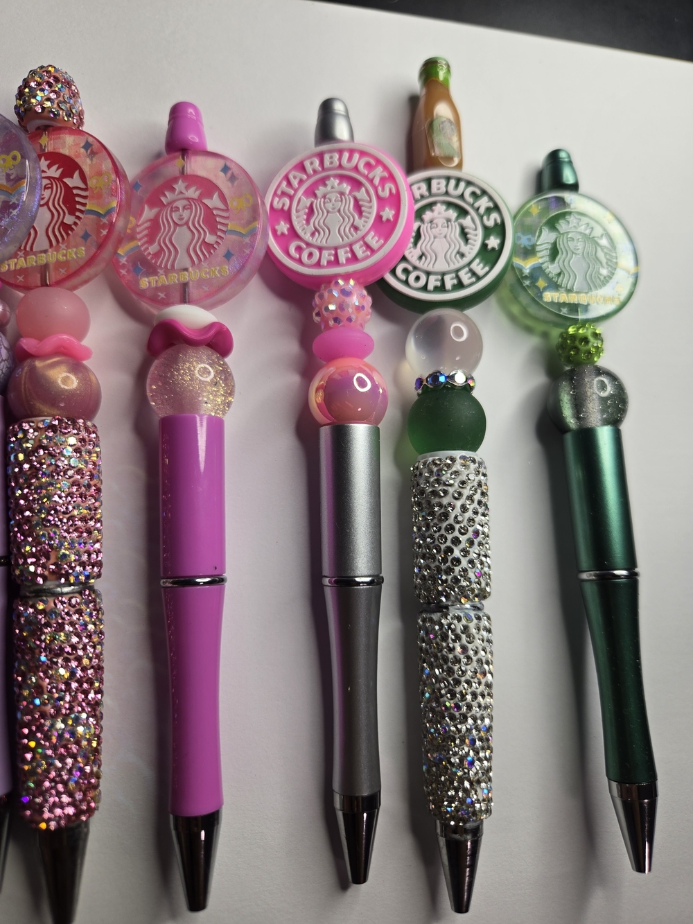 Starbucks Logo Decorative Beaded Pens - Pink, Silver, Green